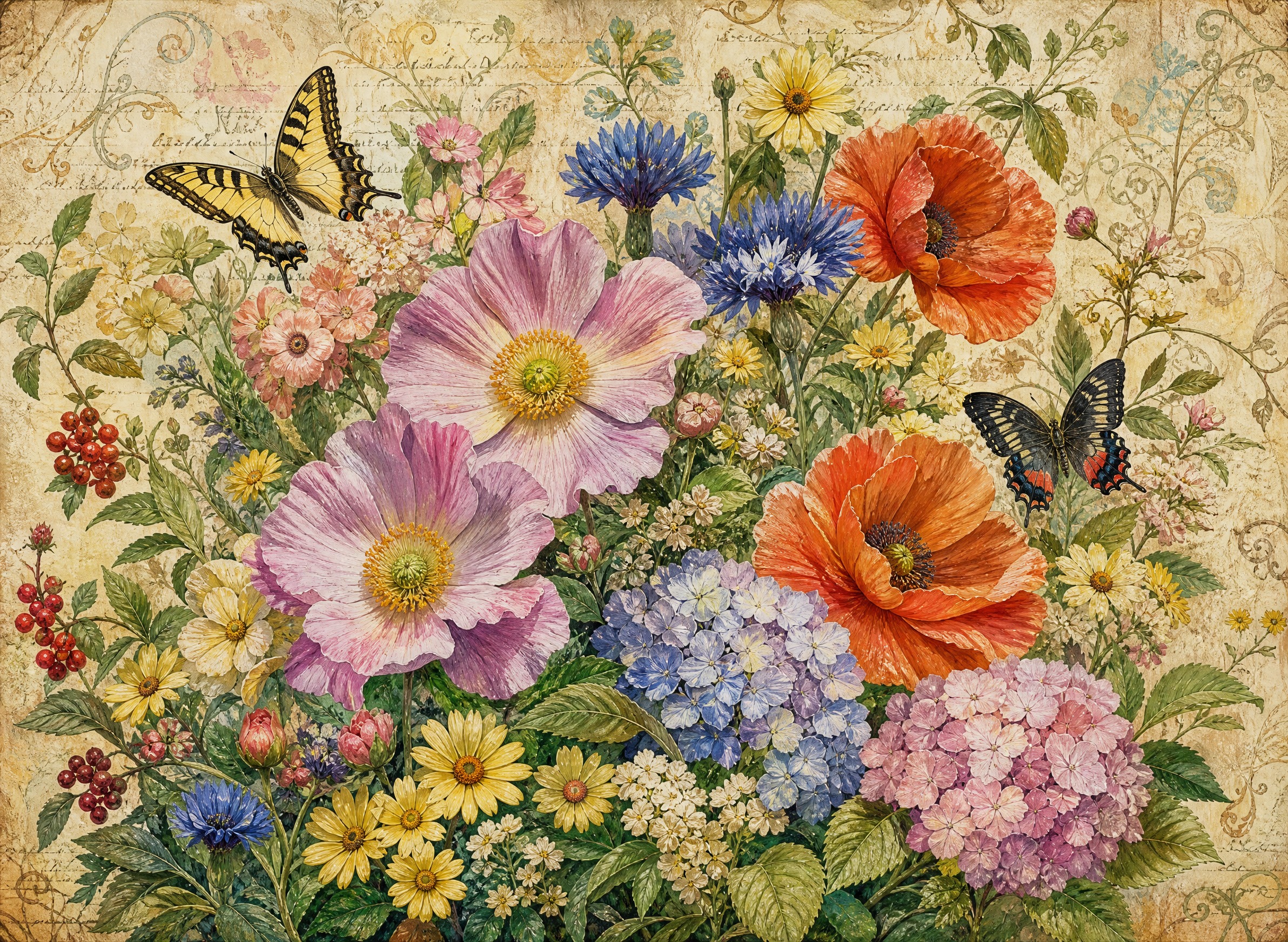 复古油画花卉插画，适合厨房毛巾印花，细腻油画手绘笔触，米色做旧… - 图片创意预览