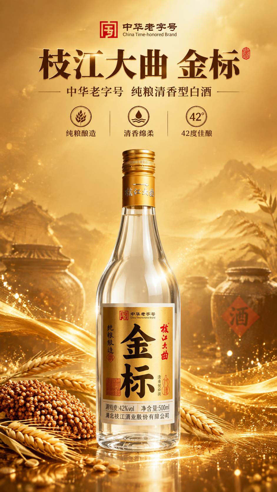 [商品] 使用【图1】枝江大曲金标白酒；保留透明玻璃瓶身、金色… - 图片创意预览