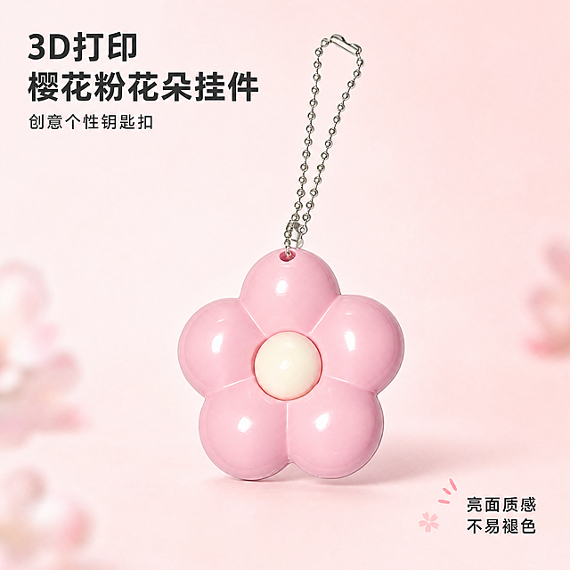 [第1屏] 详情页产品展示海报，3D打印粉色花朵挂件钥匙扣，材质为亮面塑料，结构为五瓣粉色花瓣+米白色花心+银色珠链挂扣。
[氛围/风格] 清新可爱ins风，甜美氛围感，商业摄影质感，画面干净高级。
[元素布局] 粉色花朵挂件位于画面正中心，占据画面约70%的主体区域。严格保持产品原有造型结构：五瓣圆润花瓣、中心米白圆珠花心、顶部银色珠链的轮廓结构、颜色色号和亮面质感与输入产品图完全一致。背景为柔和浅粉色渐变纯色，左上角预留主标题区域，右下角可添加小型装饰元素不遮挡主体。
[光影质感] 主光源从左前方打来，在亮面花瓣表面形成自然高光反射，产品下方有柔和的阴影，突出产品立体感和光泽感，整体画面明亮通透，挂件细节清晰真实。
[配色色系] 全局底色：#FFF5F8浅粉；主体配色：#FFC0CB(花瓣粉色)+#FFF8E1(花心米白)+#E0E0E0(银色珠链)；文字配色：#333333深灰。
[视角构图] 正面平视视角，景深较浅，背景虚化，主体突出，商品居中对称构图，简洁适合电商展示。
[文字版式] 左上方放置主标题"3D打印 樱花粉花朵挂件"，加粗无衬线字体，字号适中，下方小字标注"创意个性钥匙扣"，右下角放置小文字"亮面质感 不易褪色"，所有文字不遮挡主体产品，排版简洁清晰。
[比例分辨率] 1:1正方形比例，4K分辨率，文字清晰可辨。
[负向提示词] 产品变形，花瓣形状改变，颜色偏差，缺件错件，珠链缺失，花心错位，文字错乱，水印，背景杂乱，产品模糊，结构错误