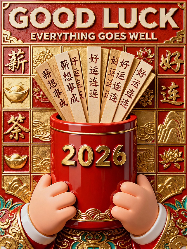 画面顶部居中横向排列巨大的几何风格无衬线英文标题“GOOD LUCK”，紧随其下是一行较小的衬线体英文副标题“EVERYTHING GOES WELL”。画面中央视觉主体为一个正红色的圆柱形祈福签筒，筒身正面镶嵌着巨大的数字“2026”。签筒内插满了数根签条，呈扇形向四周展开，每一根签条上都竖向清晰刻印着汉字“薪想事成”或“好运连连”。一双圆润可爱的卡通风格双手从下方稳稳托举环抱着签筒。红色背景