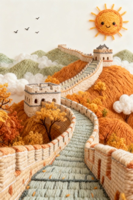 这是一幅以长城为主题的创意艺术作品，用毛线质感的形式呈现。长城、山峦、云朵等元素都由不同颜色毛线构成，天空中有拟人化太阳、小飞鸟，色彩明快，风格童趣。色彩柔和，营造出温暖、童趣的氛围，将传统建筑与手工预览效果