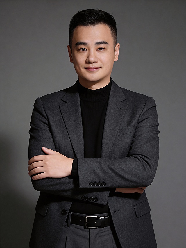 商务感十足的实景肖像，性冷淡风搭配单色设计，简约主义与金属质感细节相融，展现专业沉稳气质。