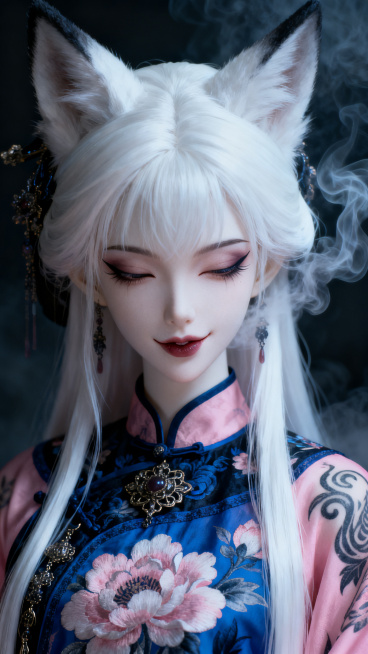 宫中宠妃，妖冶腹黑，勾唇微笑，狐耳白发，bjd娃娃脸，3d仿真冷白皮，单凤眼眼尾细长，眼睛微眯垂眸，长发发丝细腻刻画，身穿粉蓝色深宫华服带有大花花纹，搭配深宫华丽配饰，保留纹身元素，近距离人物特写，暗预览效果