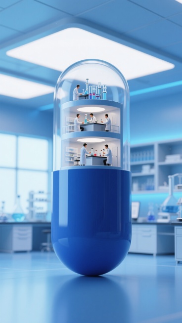 一颗3D深蓝色正放的胶囊，胶囊上半部分透明，内部有微缩二层楼圆形医药实验室剖面模型，里面有研究人员在做实验，胶囊下半部分不透明的深蓝色，背景是一个医药实验室，画面真实质感，医药科技感强，医药科技元素装预览效果