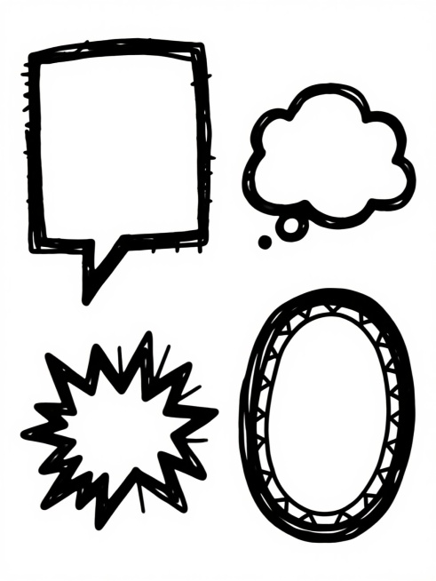 纯黑色手绘风格对话气泡元素集合，保持原始粗旷线条笔触质感，包含4个完全不同造型的气泡：第一个是带尖角的矩形气泡，线条边缘有自然手绘的毛边；第二个是云朵状不规则气泡，底部配有小圆形装饰；第三个是漫画风格爆炸形气泡，边缘有放射状线条装饰；第四个是双层边框的椭圆形气泡，内部边框带有交叉缝线细节，所有气泡内部留白无内容，整体在纯白色背景上呈两行两列规整排布，保持手绘插画的随意感与艺术感，视觉层次清晰，……预览效果