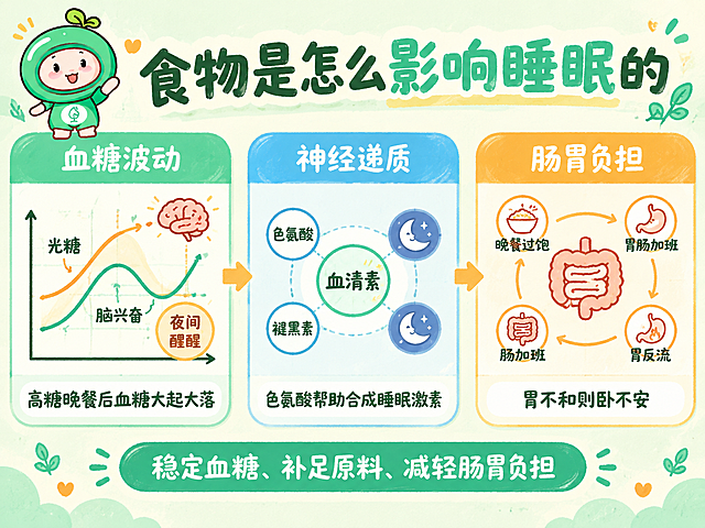 小红书横版知识卡，插图大字，ins清新手绘风，版式精美，小红书笔记封面质感，文字清晰锐利。延续清新薄荷绿+奶白+浅橙点缀的手绘肌理风格。主标题必须完整呈现且为画面视觉中心，逐字锁定：「食物是怎么影响睡眠的」。主标题字号大而清晰，深墨绿色扁平圆润手写粗黑体，位于画面顶部居中，「影响睡眠」四字用薄荷绿色突出，文字锐利无模糊。画面主体为三栏并列手绘卡片布局，横向舒展排列，从左到右依次为：【左栏-血糖波动】卡片顶部薄荷绿色圆角标题栏，白色手写体「血糖波动」；卡片内为手绘曲线图（两条波浪线分别标注「光糖」「脑兴奋」），右上角手绘大脑简笔画，右下角圆形标注「夜间醒醒」；卡片底部白色横条内黑色手写体「高糖晚餐后血糖大起大落」，所有文字清晰可读。【中栏-神经递质】卡片顶部浅蓝色圆角标题栏，白色手写体「神经递质」；卡片内为手绘圆形关系图：中心圆写「血清素」，四周四个小圆分别写「色氨酸」「褪黑素」及两个月亮图标，用虚线连接；卡片底部白色横条内黑色手写体「色氨酸帮助合成睡眠激素」，文字清晰。【右栏-肠胃负担】卡片顶部浅橙黄色圆角标题栏，白色手写体「肠胃负担」；卡片内为手绘肠胃简笔画居中，四周四个圆形图标分别标注「晚餐过饱」「胃肠加班」「肠加班」「胃反流」，用弧形箭头循环连接；卡片底部白色横条内黑色手写体「胃不和则卧不安」，文字锐利清晰。三栏卡片之间用手绘橙色箭头指向连接。画面底部一条薄荷绿色圆角粗横条，内有白色手写体逐字锁定：「稳定血糖、补足原料、减轻肠胃负担」，文字大而清晰。画面左上角放置小氧IP形象：**严格参考【图1】【图2】【图3】【图4】【图5】的小氧形象感觉——绿色圆头套+头顶两片嫩芽+圆脸腮红+黑色粗描边+Q版可爱风格，保留小氧的标志性绿色头套、嫩芽发型、腮红圆脸特征准确还原，风格统一为手绘肌理风**，大小适中不抢主标题。背景：浅薄荷绿米白肌理纸张底。装饰：手绘虚线、圆角卡片、整体手账治愈风。画质：高清细腻，所有文字锐利清晰无模糊，字号适中确保横版下可读性强，信息层级清晰，文字完整处于安全区内不可裁切，四周留安全边距。图生图：严格使用用户上传图片，【图1】【图2】【图3】【图4】【图5】=小氧IP形象参考（严格还原小氧的绿色头套+嫩芽+圆脸+粗黑边的Q版可爱感觉），【图6】=内容参考图（提取全部文字内容与三栏结构图式）。画面比例4:3。