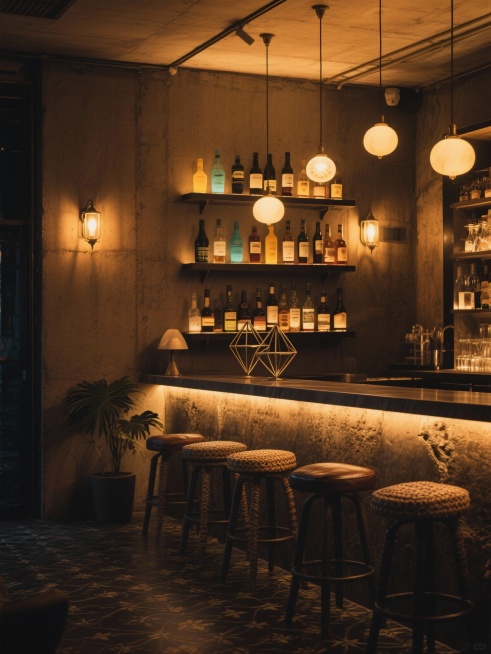 昏暗工业风酒吧内部场景，温暖的琥珀色灯光从天花板垂下照亮吧台区域，粗糙质感的混凝土墙面与吧台台面，吧台上摆放着造型独特的几何形状金属装饰物，后方多层置物架上整齐排列着不同颜色和形状的酒瓶，新增几盏复古预览效果