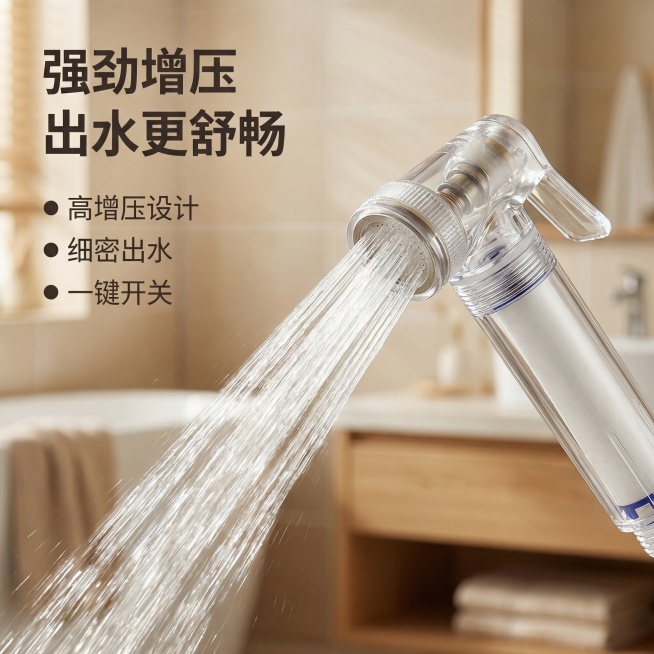 [主图 2]喷枪花洒增压功能展示
[氛围/风格]温馨舒适家居治愈风，统一卫浴场景，暖调自然光，和主图1保持一致光影色调。
[画面元素]保持透明喷枪花洒产品外观不变，展示花洒出水动态效果，强劲细密水流从预览效果