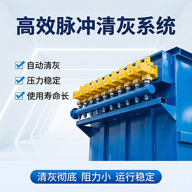 [详情页 6] 脉冲喷吹系统展示，延续简约工业风，保持风格统一。[氛围风格]核心技术展示，清晰专业；[画质]商业设计质感，清晰高级，文字锐利；[元素]中心放脉冲阀喷吹系统的产品局部特写，保持产品真实颜色结构，背景浅蓝渐变干净，产品占画面60%居中突出。[光影]正面打光突出金属部件的质感，轮廓高光清晰，层次分明。[配色]延续浅蓝+白色+蓝色产品的配色，黄色脉冲阀作为点缀突出。[文字版式]顶部大标题「高效脉冲清灰系统」深蓝色粗体；左侧竖排卖点文字：自动清灰 压力稳定 使用寿命长，每个卖点前加对勾图标，底部横放标签「清灰彻底 阻力小 运行稳定」，文字不遮挡主体，清晰易读。[比例分辨率]1:1比例，2K分辨率，文字清晰可辨，超高清。[负向提示词]变形，水印，文字错乱，产品模糊，背景杂乱，色差。