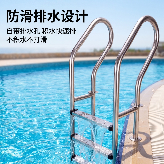 生成全新主图，展示踏板排水效果，基于上传白底图保持产品细节外观完全一致，产品不变形不扭曲不错位，水流从踏板排水孔快速排出，展示不积水设计，产品占画面70%，泳池背景，明亮自然光，8K超写实商业摄影，金预览效果