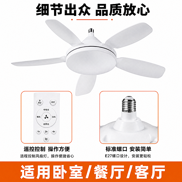 [主图-2] E27螺口风扇灯核心卖点细节展示图，保留原有产品所有参数不修改。[氛围风格] 拼多多风格，大字直白，性价比突出，干净清爽。[画质] 商业摄影质感、光线均匀通透、产品细节清晰真实。[元素] 主体白色风扇灯占据画面中心，放大展示遥控器和螺口接口细节，保持产品外观和颜色与原图一致，无变形色差。商品主体占比约65%，画面干净无多余杂物。[光影] 均匀棚拍布光，正面柔光，细节清晰可见，阴影柔和。[配色] 干净白底，产品白色，文字黑色，橙色点缀。[文字版式] 顶部大字主标题写“细节出众 品质放心”，黑色粗体居中。画面左右分区域放置卖点，左侧放大展示遥控器特写，下方小字标注“遥控控制 操作方便”；右侧放大展示E27螺口连接处，下方小字标注“标准螺口 安装简单”。底部橙色通栏写“适用卧室/餐厅/客厅”，白色粗体大字。[比例分辨率] 1:1 比例，4k 分辨率；文字清晰锐利，画面超高清。[负向提示词] 变形，水印，文字错乱，产品图模糊，背景杂乱。
