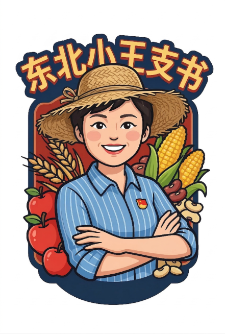 去掉logo中的农产品销售相关文字，为卡通头像添加大草帽，保持原有阳光朴实的风格和「东北小王支书」文字，整体协调自然预览效果