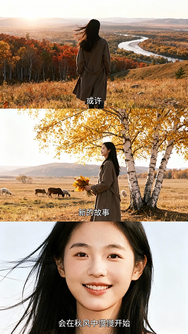 秋日暖阳下，胶片质感的自然风光与人物肖像交织，光影柔和，情绪静谧而浪漫。东亚风美学融合杂志风构图，展现清新文艺的故事感，温暖秋意中悄然开启新的篇章。