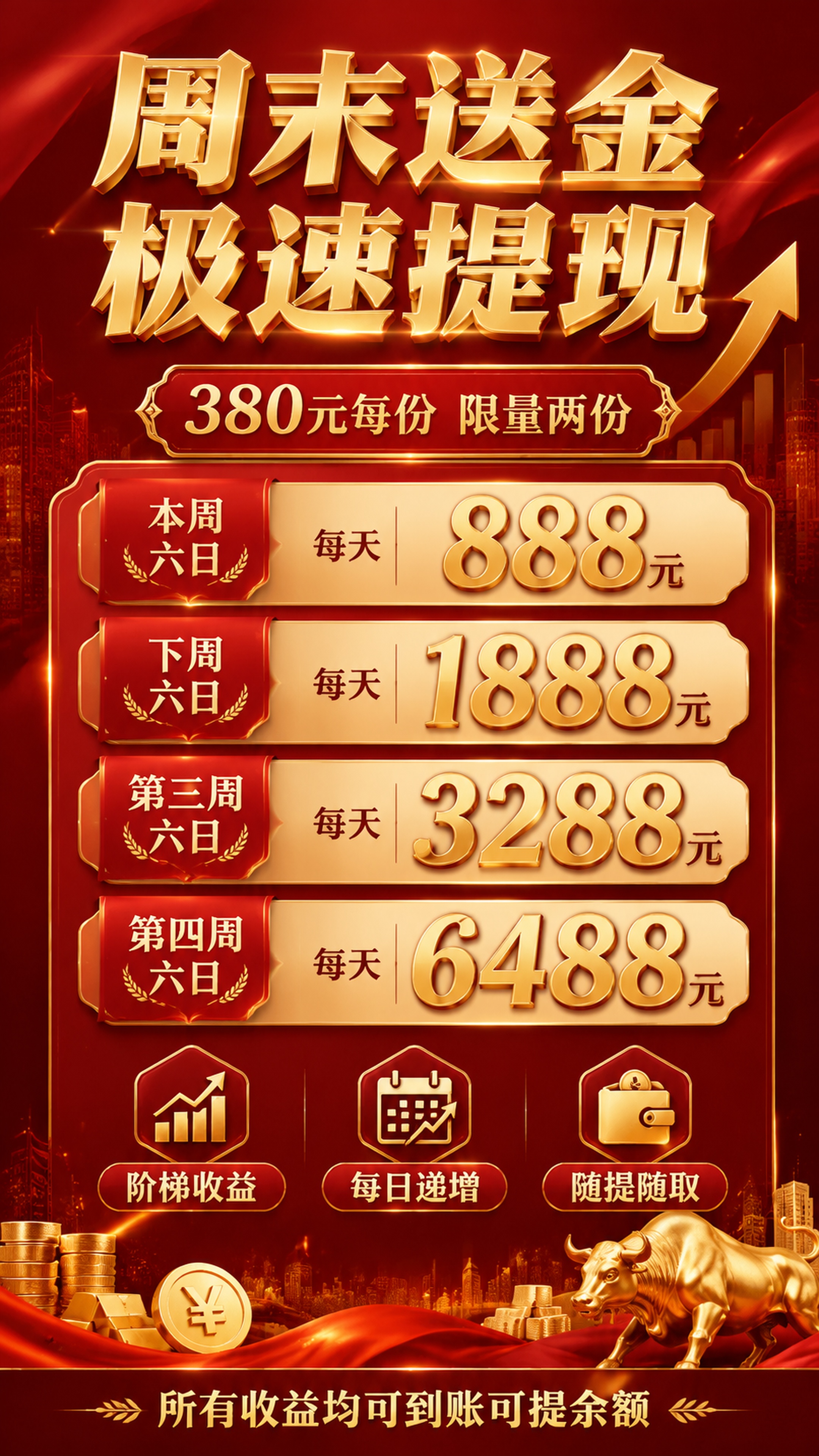 高端金融活动促销海报，红金配色商业风格，主标题"周末送金 极速… - 图片创意预览