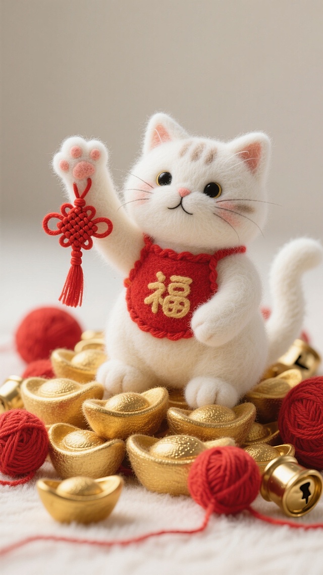 一只毛茸茸的白色招财猫，系着红色的肚兜，坐在一堆同样毛绒绒的金色元宝中间。它正举起一只爪子，爪子上挂着一个红色的中国结，表情憨态可掬。周围散落着红色的毛线球和金色的铃铛，画面充满柔软的触感，像精致的羊毛毡手工艺品。
