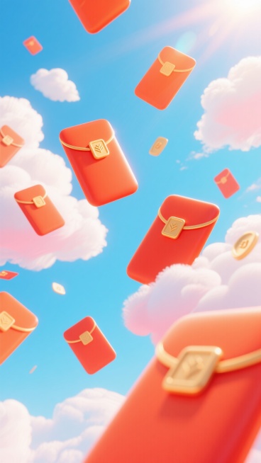 一张充满活力与喜庆氛围的电商背景图，采用明亮清新的插画风格，以渐变的天蓝色为主色调，搭配大量蓬松柔软、边缘略带粉色晕染的白色云朵，营造出梦幻而开阔的天空景象。画面中，数十个橙红色的红包（红包袋）从上方和两侧向下方飘落，红包表面光滑，带有轻微的光影立体感，部分红包上可见金色的方形封口或简单的装饰图案，它们大小不一，分布自然，形成动态的视觉引导线。整体光影柔和，阳光从云层间隙洒落，给云朵和红包边缘……预览效果