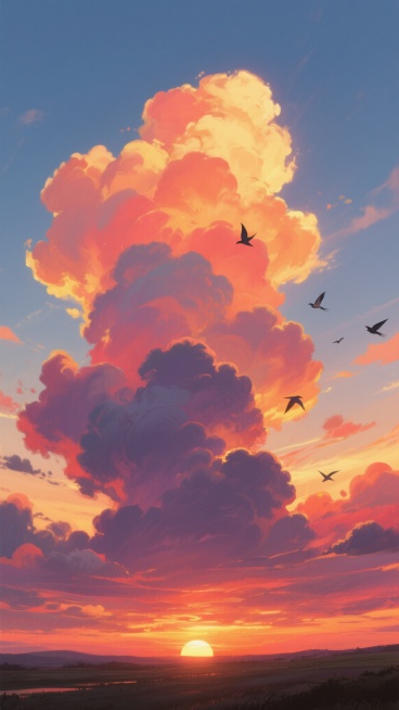 动漫风格插画，壮丽的晚霞天空，主色调为温暖的橙红、金黄与深紫交织，云层呈现丰富的渐变色彩和蓬松柔软的质感，底部地平线处有明亮的落日余晖，天空中点缀着几只自由飞翔的飞鸟，整体光影柔和，色彩饱和而和谐，营造出宁静而绚烂的氛围，画面构图开阔，云彩分布自然，充满梦幻般的浪漫美感。预览效果