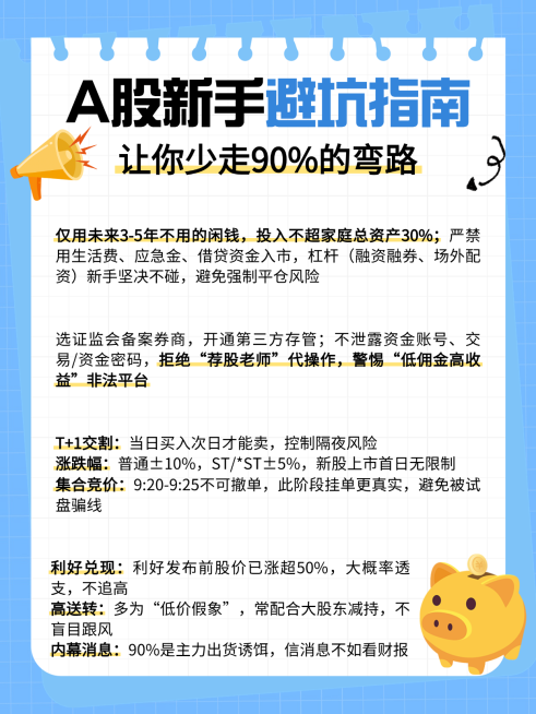 蓝色扁平风A股新手必坑指南知识分享小红书配图预览效果