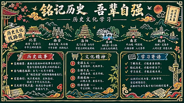 在这张校园黑板报基础上，修改为历史文化主题黑板报。主标题改为"铭记历史 吾辈自强"，副标题改为"历史文化学习"。中部路线图改为历史文化线路图，标注多个历史名城节点。下方三个板块分别改为：历史故事、文化精神、学习寄语。整体增加暖色调装饰元素和传统纹样，保持粉笔手绘黑板报风格，文化教育感，文字清晰工整，排版精美。