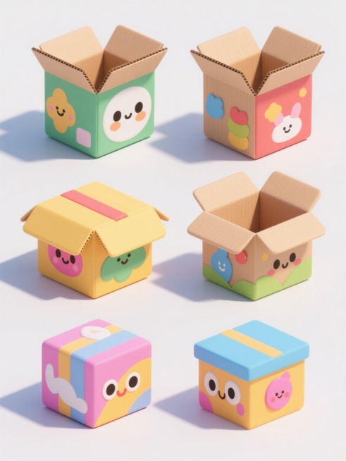 六个不同样式、不同配色、不同风格的3D卡通风纸箱，白色背景，排列整齐，每个纸箱都有独特的卡通图案和鲜艳的色彩，箱身有明显的3D立体效果，边缘圆润，带有可爱的卡通元素，整体风格统一为卡通风，光线柔和，阴影自然，展现出纸箱的质感和立体感。预览效果