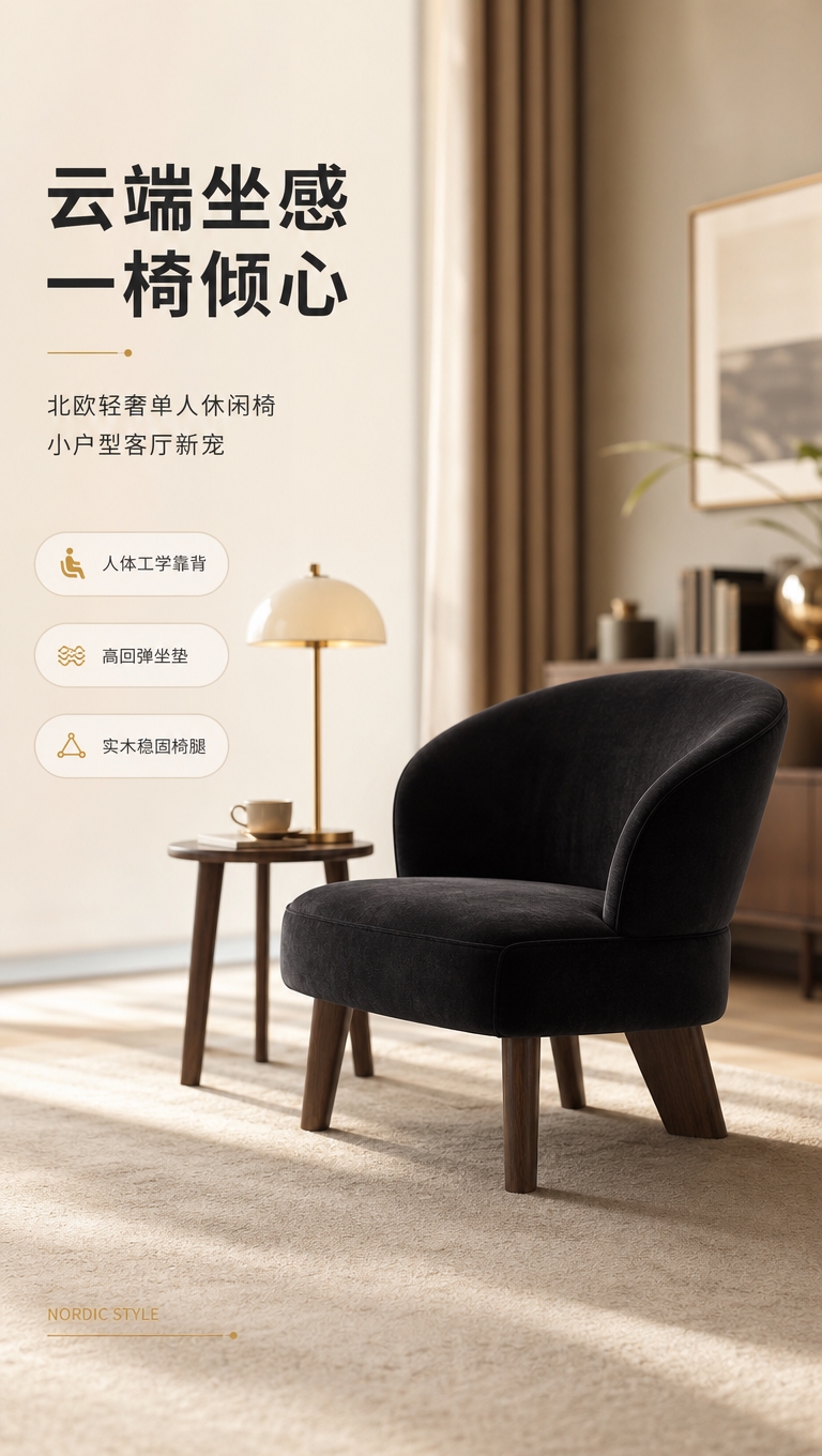 [商品] 使用【图1】黑色绒布单人休闲椅；保留圆润弧形高靠背、… - 图片创意预览
