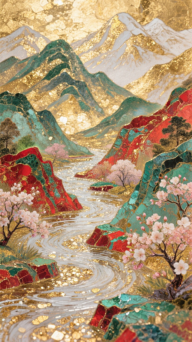 古典工笔风，岩彩技法描绘山川河流，樱花点缀，金箔增添华丽感，展现春日美景。
