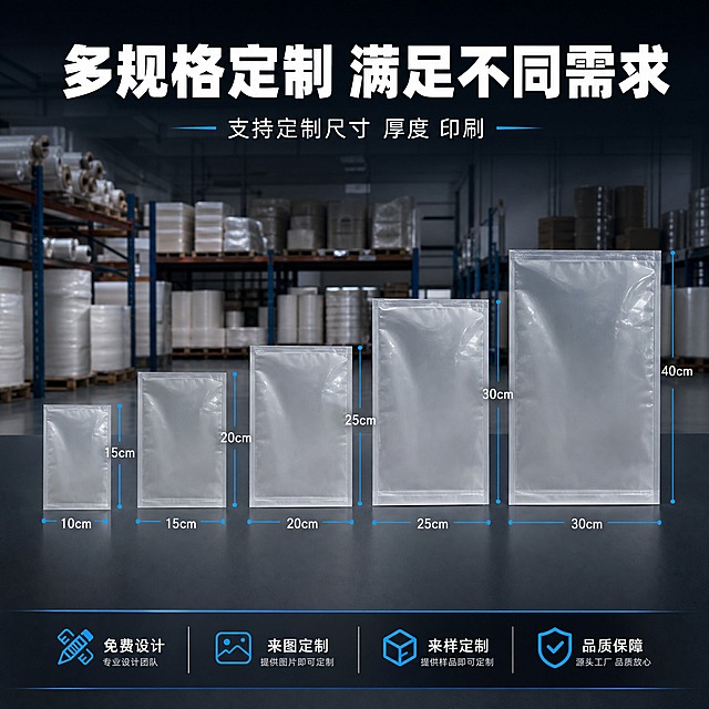 [主图-7] 多规格定制与尺寸展示图，体现厂家可提供多种规格选择。
[统一基调] 1688 B端源头工厂风格，高级工业质感，深灰蓝色渐变背景，主标题白色粗黑体，副标题浅灰，强调色为科技蓝，整体简洁专业。
[画面] 画面展示从小到大五种不同尺寸的透明真空包装袋，整齐排列在深灰色台面上，从左到右依次增大，形成阶梯状阵列。每个袋子都是空的平袋状态，保持长方形平袋形态，袋身透明有光泽。每个袋子旁边有尺寸标注线和数字，标明长宽尺寸。背景为虚化的工厂仓库货架，有成卷的包装材料堆放，体现厂家实力。
[光影质感] 商业摄影质感，均匀顶光，每个袋子边缘清晰，厚度表现准确，台面有柔和倒影，整体干净整洁有秩序感。
[配色] 背景深灰蓝，袋子透明米白色，台面深灰，标注线科技蓝色，文字白色。
[文字版式] 顶部大标题"多规格定制 满足不同需求"，下方标注"支持定制尺寸 厚度 印刷"，底部有"免费设计 来图来样定制"服务承诺文字。
[输出要求] 比例1:1，2048x2048，尺寸排列整齐清晰，标注准确，禁止产品变形，禁止改变袋形，禁止出现宣传泡沫，禁止水印，禁止平台logo。