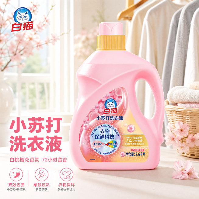 [主图-1] 白猫小苏打洗衣液樱香款首图，真实阳台场景摆放。[氛围风格] 明亮洁净清新生活风，自然通透。[画质] 商业摄影质感、光线柔和通透、产品清晰真实、画面干净高级。[元素] 粉色瓶装白猫小苏打洗预览效果