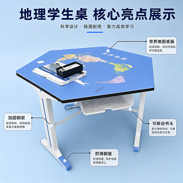 [主图-2] 地理学生桌结构亮点标注图；[氛围风格] 清晰专业产品解析风格；[画质] 商业摄影质感，光线均匀通透，细节清晰；[元素] 地理学生桌斜侧摆放，主体完整展示，保持产品外观与输入图一致，浅蓝色干净背景。用纤细引线标注产品核心结构部位，每个引线末端配浅色光点突出；[光影] 均匀柔光覆盖全产品，各部位结构清晰可见，无明显死黑阴影；[配色] 浅蓝背景，深色引线，白色标注框，黑色文字；[视角构图] 45度斜侧平视，主体完整占画面65%；[文字版式] 顶部大字核心亮点展示；引线分别标注：世界地图桌面、加固钢架、可移动书斗、防滑脚垫四个核心亮点，文字在引线末端浅色标注框内，清晰易读；[比例分辨率] 1:1比例，4k分辨率，文字清晰可辨；[负向提示词] 变形，水印，文字错乱，标注引线不清晰，背景杂乱