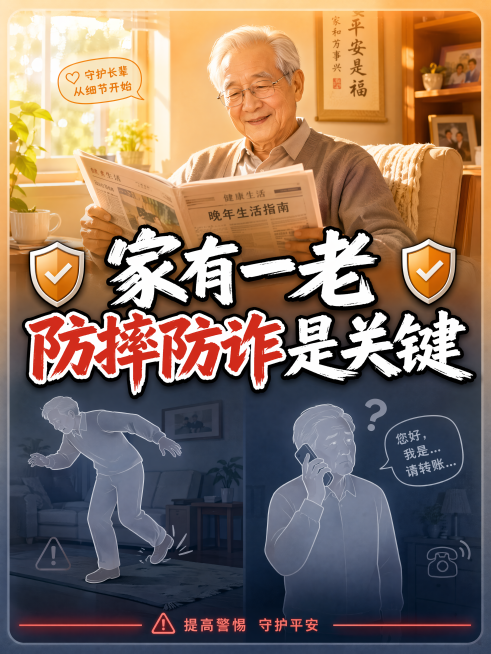 竖版小红书海报封面，3:4比例。写实+k卡通结合风格。  背景画面： 画面采用"正反对比"的双半设计：  上半部分（明亮橙色调）： 一位银发老人在家中安详地看报纸， 阳光温暖，笑容平和。 象征"安全、预览效果