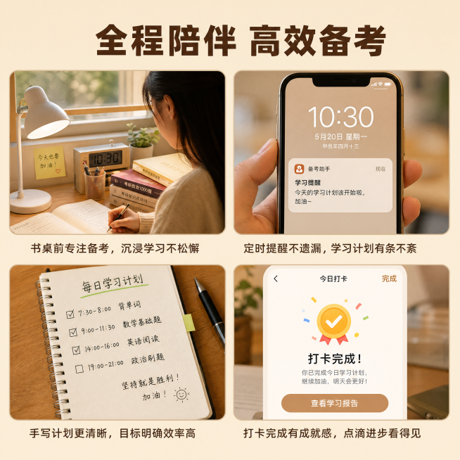 [主图-3] 学习陪伴场景体验图，多场景宫格拼图版式
[氛围风格] 真实学习氛围感，温馨日常
[画质] 实拍质感，色彩自然柔和，文字清晰，画面干净
[元素] 顶部大标题，下方宫格排列四个小图，分别展示预览效果