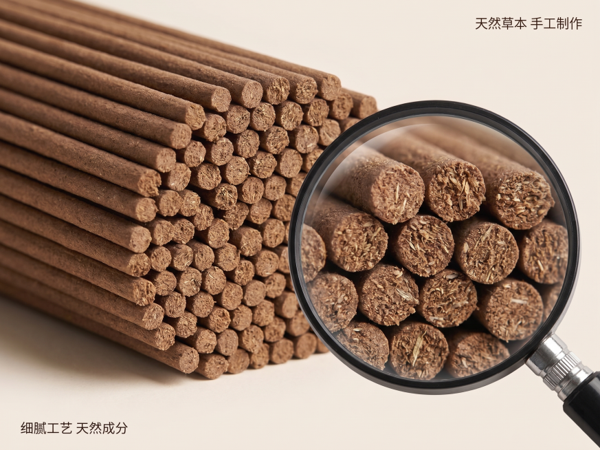 [主图-3] 木姜子线香材质细节展示图
[氛围风格] 微距品质展示风，整体风格保持与首图一致
[画质] 商业摄影质感、光线柔和通透、产品清晰真实、画面干净高级
[元素] 整束木姜子线香主体放大展示，右预览效果