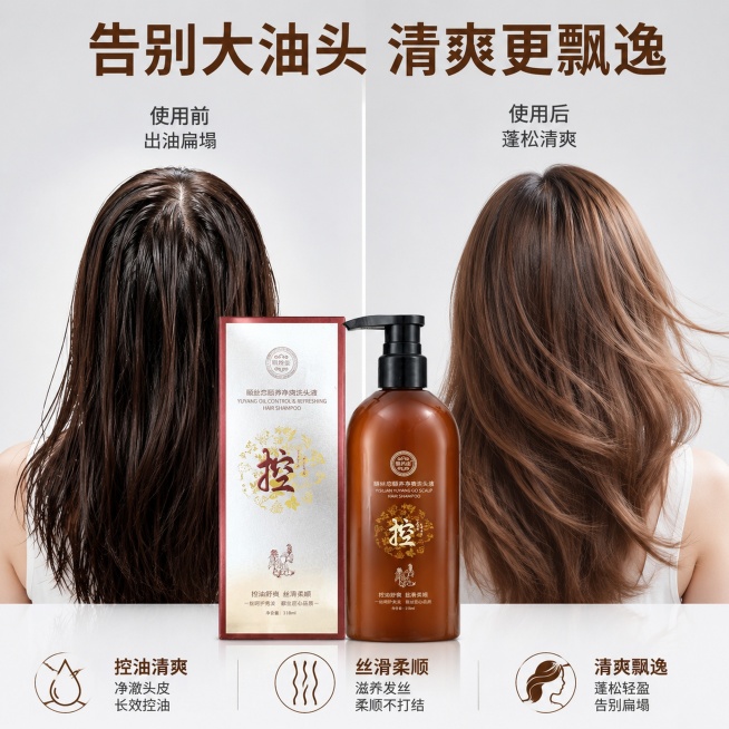 「图片1」，生成电商主图（5张），商品名称是颐丝恋颐养净爽洗头液，卖点是控油清爽，丝滑柔顺，清爽飘逸，告别大油头，风格是清新风格，适配抖音平台，主图比例为1:1预览效果