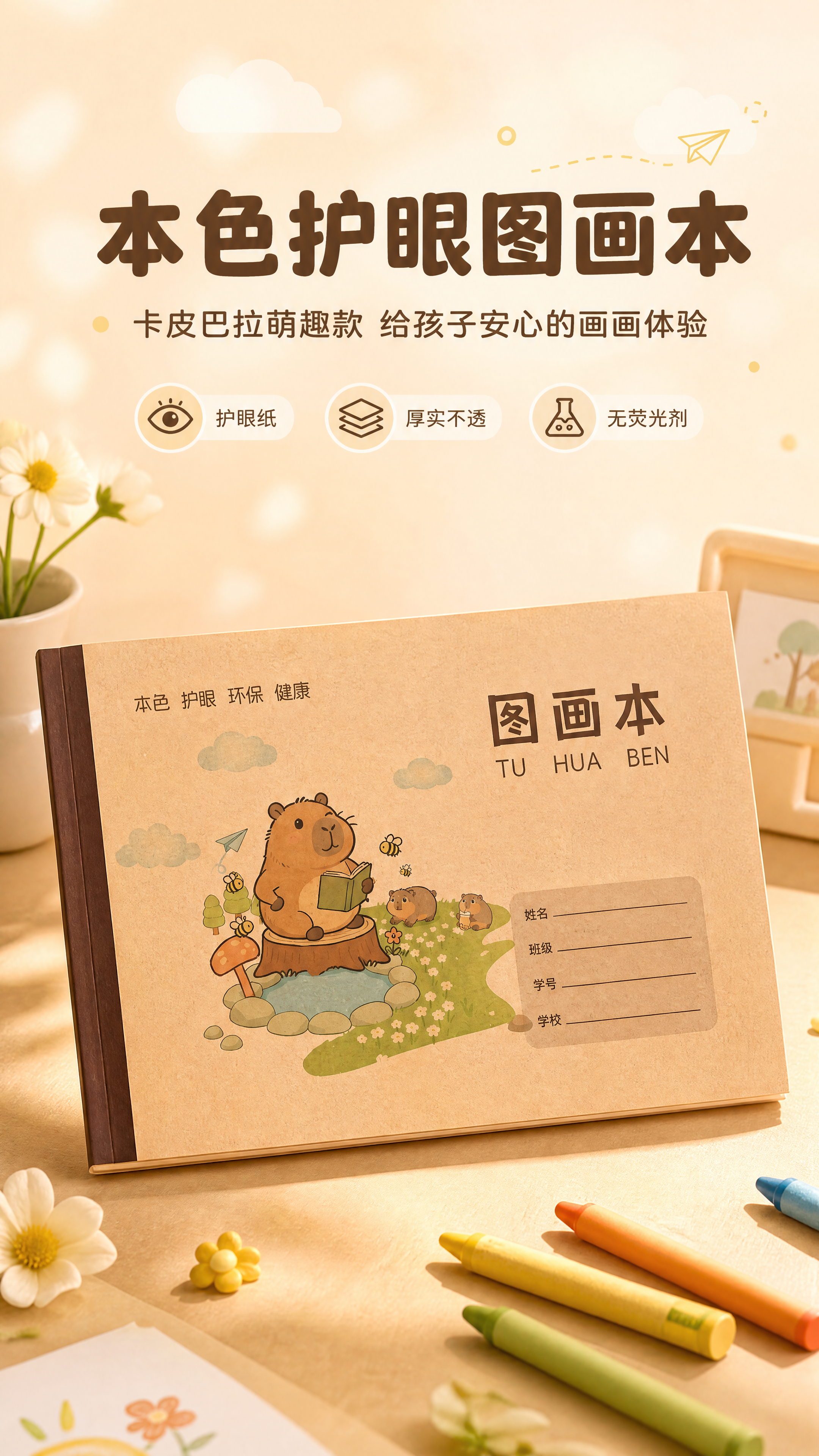 [商品] 使用【图1】卡皮巴拉图案儿童图画本；保留封面牛皮纸暖… - 图片创意预览