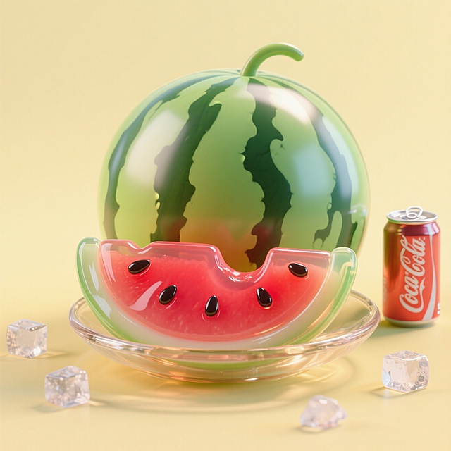 清新3D风西瓜设计，轻拟物质感，夏日清凉感十足。