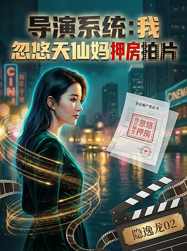 将人物调整为侧脸微转向镜头15°，放置在画面左侧1/3处，大小占画面高度75%，面部增加青蓝边缘光；右侧添加半透明悬浮、带鲜红印章的房产证/抵押文件，右下角放置半开场记板，电影胶片从场记板延伸环绕人物，周身缠绕金色数据流；背景保留夜景水岸光斑，远处添加隐约电影院霓虹、高楼剪影，整体调整为青橙电影色调；画面上方1/4处添加粗黑体+金属磨砂质感的书名"导演系统：我忽悠天仙妈押房拍片"，主字暖金色，"押房"鲜红加粗带印章纹理，文字添加轻微发光+底部投影，"拍片"带胶片齿孔装饰；右下角场记板融合暖金色笔名"隐逸龙02"，样式为导演椅铭牌/场记板签名区