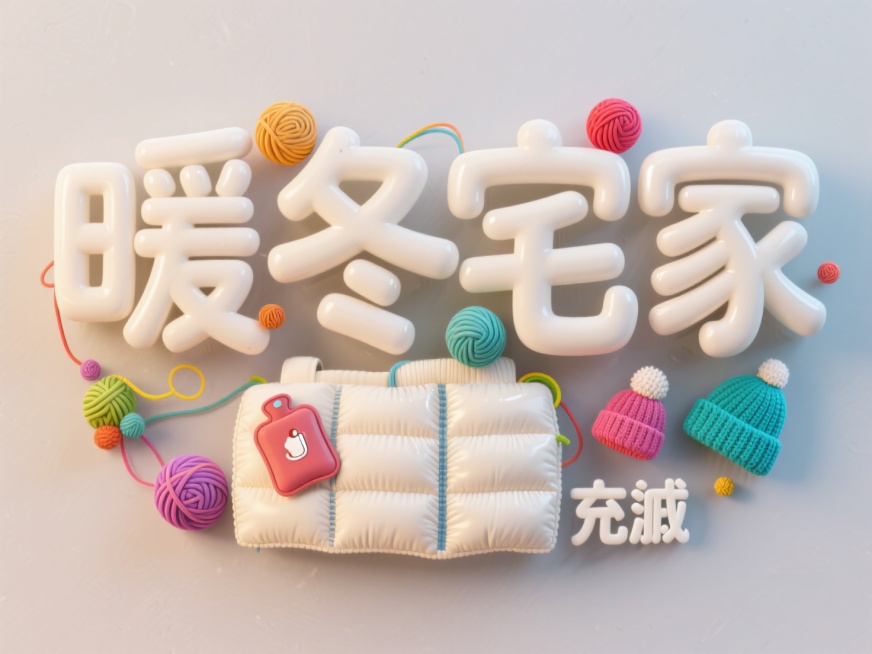 “暖冬宅家” 充气羽绒服样式字体，字体上装饰彩色毛线团、热水袋、针织帽等彩色小元素，字体米白色，背景为柔和的浅灰色预览效果