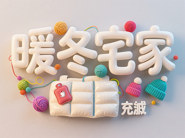 “暖冬宅家” 充气羽绒服样式字体，字体上装饰彩色毛线团、热水袋、针织帽等彩色小元素，字体米白色，背景为柔和的浅灰色