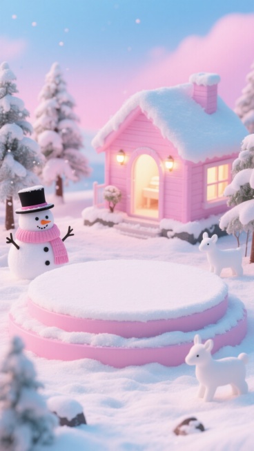 画面中心粉色圆形展台（覆盖雪），上面空无一物。展台周围点缀戴粉围巾黑礼帽的雪人、粉色小屋（屋内亮着暖光）、被雪覆盖的树木、可爱的白色动物造型物，地面和景物覆盖着积雪，背景是粉蓝色渐变天空，整体风格梦幻预览效果