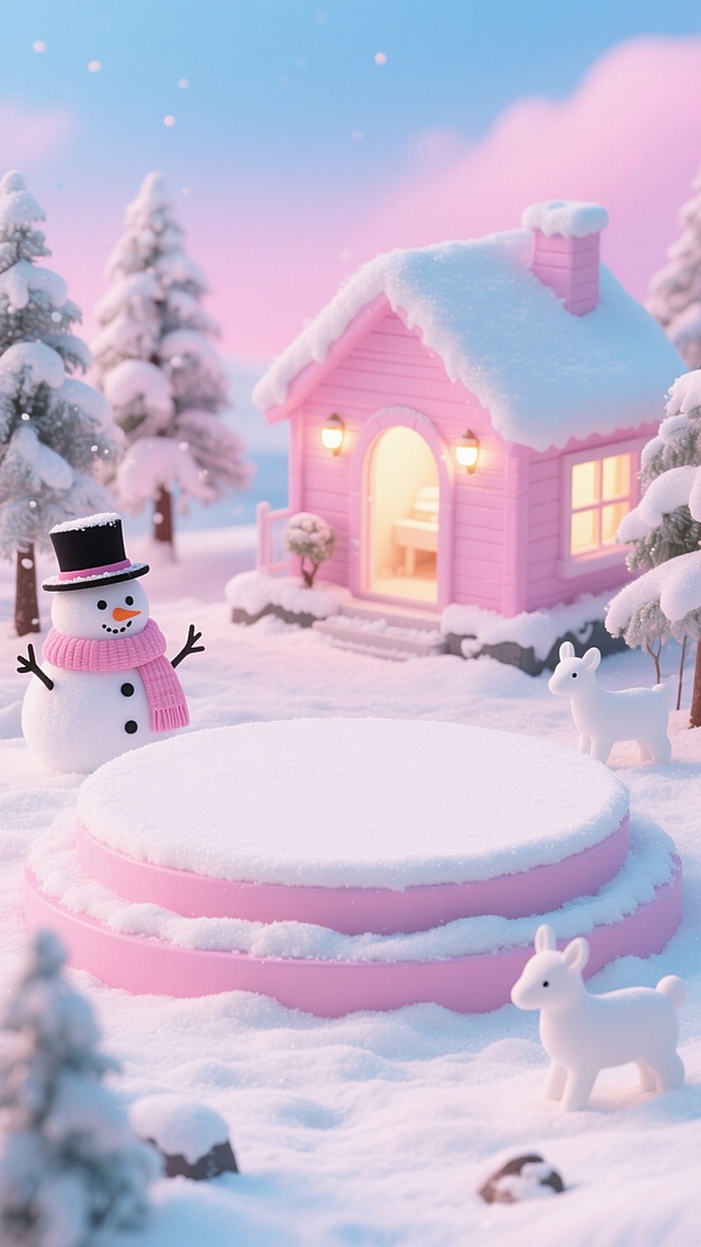 画面中心粉色圆形展台（覆盖雪），上面空无一物。展台周围点缀戴粉围巾黑礼帽的雪人、粉色小屋（屋内亮着暖光）、被雪覆盖的树木、可爱的白色动物造型物，地面和景物覆盖着积雪，背景是粉蓝色渐变天空，整体风格梦幻甜美，充满冬日童话氛围。