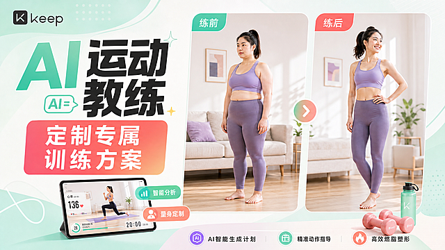 Keep app信息流推广素材图，主标题"AI运动教练"，副标题"定制专属训练方案"，文字做设计感排版，配图是女生锻炼减肥前后的对比图，保持参考图一致的对比人物内容，颜色清新活泼，比例16:9，做和刚才生成文案2不同的排版设计，更换专属清新配色