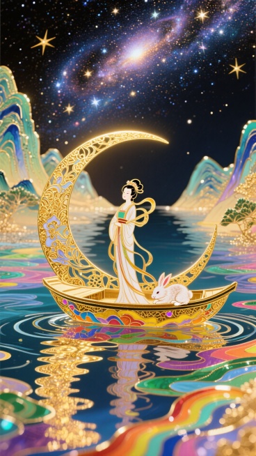 非遗珐琅工艺风格，画面上方是灿烂的宇宙星河，画面下方是五彩斑斓的江水，江水两岸是山峦，江水中间是一弯月亮船，月亮船上有仙气飘飘的嫦娥，嫦娥在整体画面的中心，玉兔在月亮船上安稳得睡着，整体是金灿灿的暖色预览效果