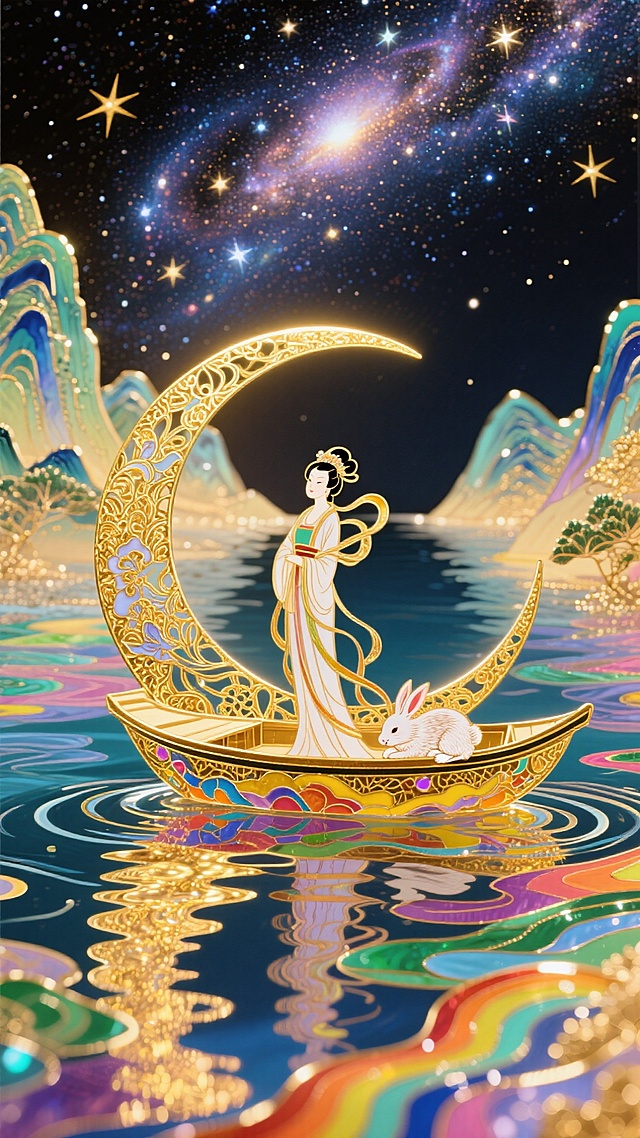 非遗珐琅工艺风格，画面上方是灿烂的宇宙星河，画面下方是五彩斑斓的江水，江水两岸是山峦，江水中间是一弯月亮船，月亮船上有仙气飘飘的嫦娥，嫦娥在整体画面的中心，玉兔在月亮船上安稳得睡着，整体是金灿灿的暖色调