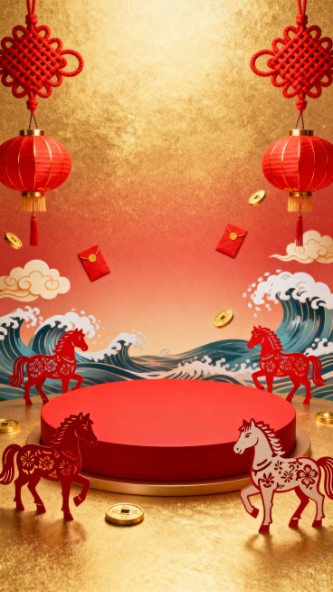 一个电商马年展台。有一个红色圆形展台，其四周悬挂着中国结和红灯笼。展台上或其周边摆放着剪纸风格的马。背景呈现出红色鎏金海浪、祥云、红包和金币的渐变效果。预览效果