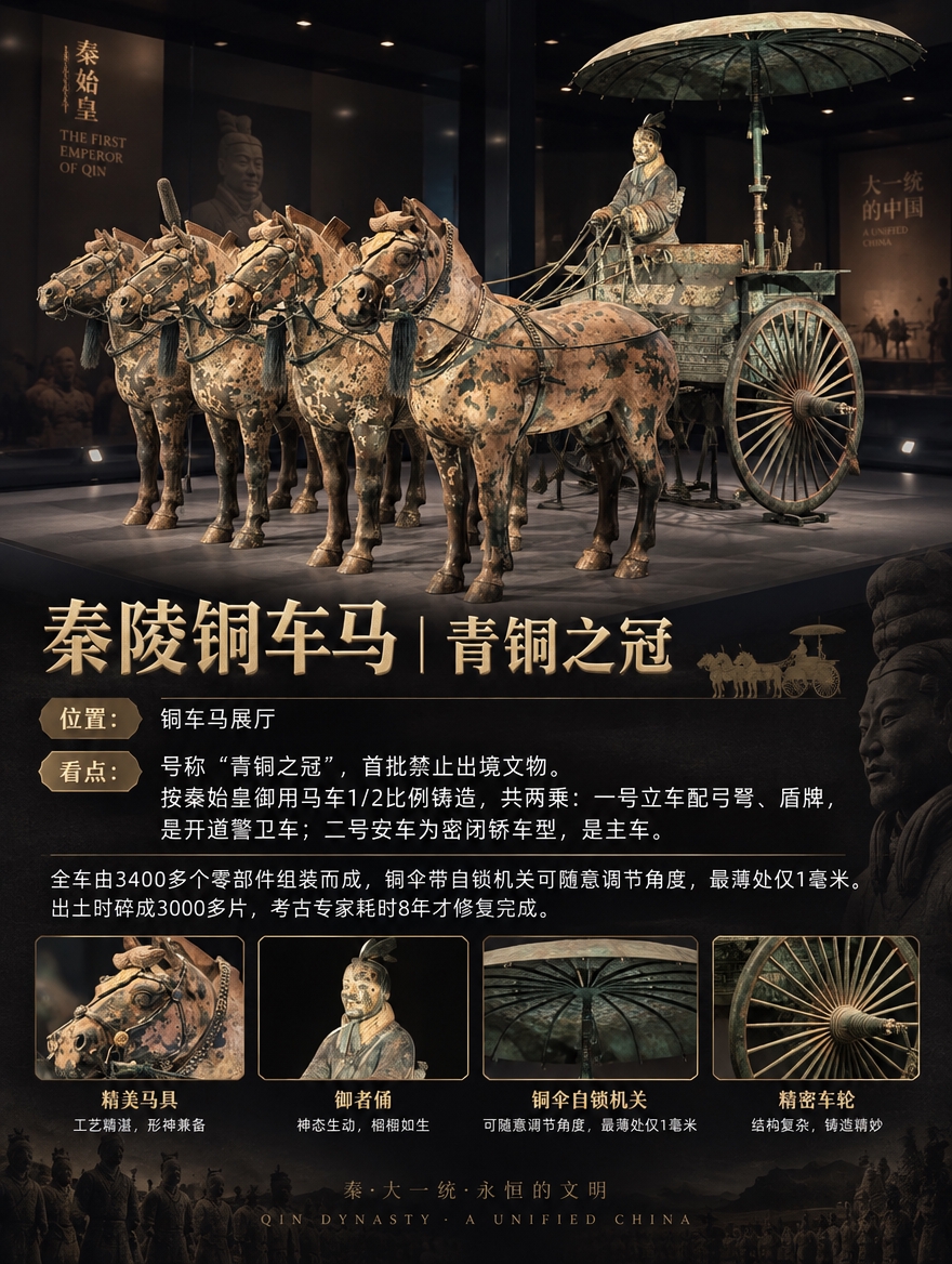 基于这张秦陵铜车马实拍图，制作成3:4竖版文物介绍图，博物馆科… - 图片创意预览