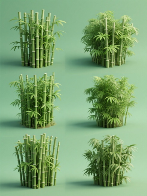 一个系列素材集合，规整排布六个完全不同元素内容的竹林素材，每个竹林素材都保持3D建模风格，具有清晰的竹节纹理和层次分明的绿色竹叶，采用纯色背景，整体呈现出写实的植物形态，每个竹林元素在构图和竹子的疏密排列上各具特色，统一的绿色调和谐且富有生机，整体设计简洁明了，符合素材集合的规整排布要求。预览效果