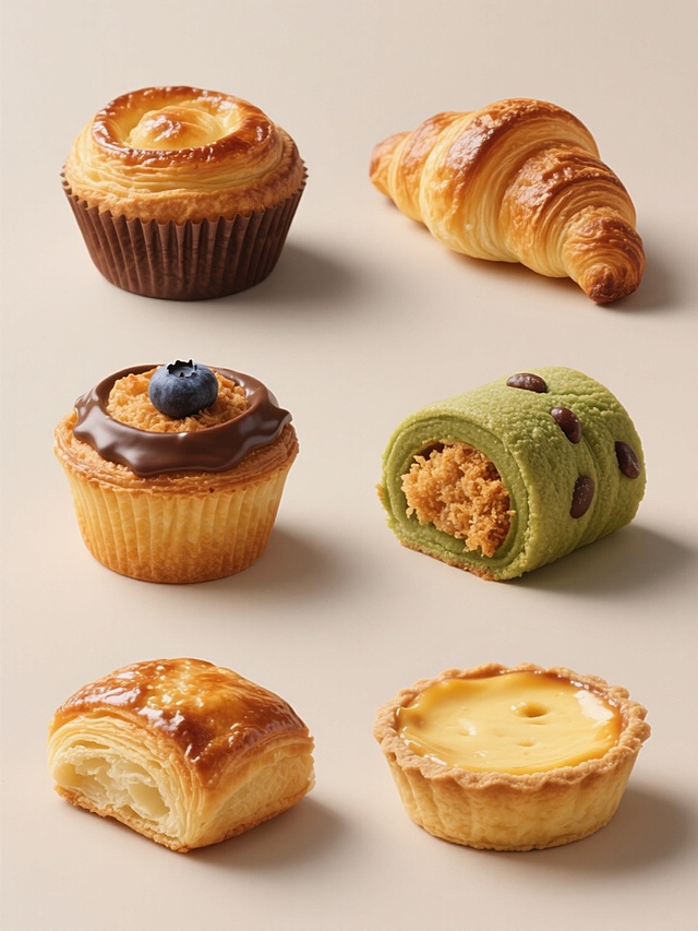 一张展示6个不同烘焙食品的系列素材集合海报，每个元素均采用超写实主义风格，具有极高的细节清晰度和真实质感，如同高清摄影作品。画面中6个烘焙食品规整排布，每个元素都有金黄至深棕的渐变色泽，表面呈现出烘烤后的酥脆纹理和自然光泽，高光部分明亮且有层次感，阴影细腻柔和，立体感强。整体采用纯色背景，突出食物主体。元素类目保持为烘焙食品，包括但不限于牛角面包、巧克力丹麦酥、蓝莓麦芬、肉松小贝、抹茶红豆卷、芝士挞，每个元素形态各异但风格统一，整体构图平衡，视觉层级清晰，信息传达直接，符合食品宣传的目标受众审美和展示目的。
