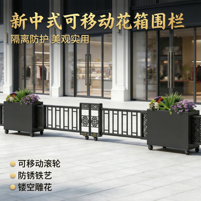 [主图 1] 新中式户外铁艺花箱围栏整体展示，移除图片上的中国铁建logo和文字，保持产品外观不变，花箱内保留多彩花卉。户外商业步行街入口场景，自然光明亮清新，凸显高端质感。画面主体为花箱围栏，居中构预览效果