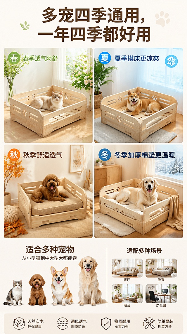 [第10屏] 多宠四季通用-实木狗窝多季节适配展示。本屏展示不同季节使用场景。本屏使用产品图展示，保留产品原有结构颜色。[氛围/风格] 清新多场景拼图风格，清晰展示全季适配性。[元素布局] 顶部主标题，下方四格拼图分别展示春夏秋冬四个季节的使用场景，底部补充适用不同体型宠物说明。文案：主标题"多宠四季通用，一年四季都好用"，四季场景：春季透气阿舒、夏季摸床更凉爽、秋季舒适透气、冬季加厚棉垫更温暖。下方补充适配说明：适合多种宠物，从小型猫到中大型犬都能选，适配场景：客厅、卧室、阳台、办公室。保留产品原色和结构，每个场景搭配对应季节氛围装饰。[光影质感] 每个场景光影匹配季节氛围，整体明亮清晰。[配色色系] 全局底色 #F8F5F0，每个场景用对应季节色调，深棕文字清晰。[视角构图] 四格拼图整齐排列，上下文字，信息清晰。[比例分辨率] 9:16竖版，1080*1920像素，4K分辨率，高清画质。[负向提示词] 拼图错位，产品变形，文字模糊，水印。