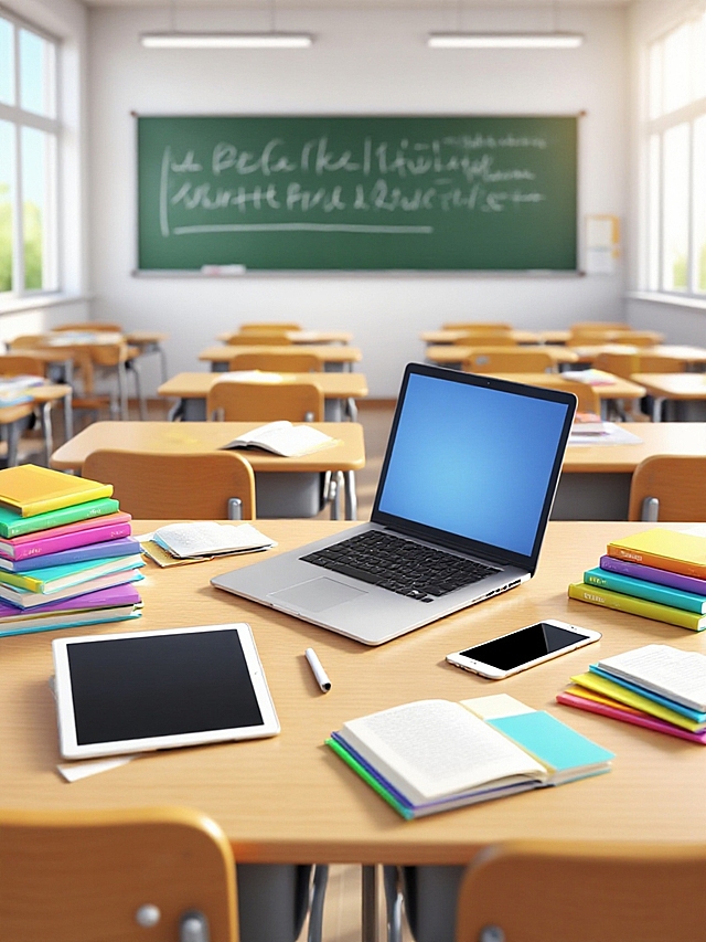 现代教室，简约设计，科技设备与彩色书籍结合，展现清爽扁平风。